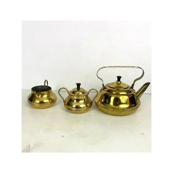 3 PC VTG Brass Pitcher Double Handles Lidded Spout Made in Holland MCM - Picture 15 of 16